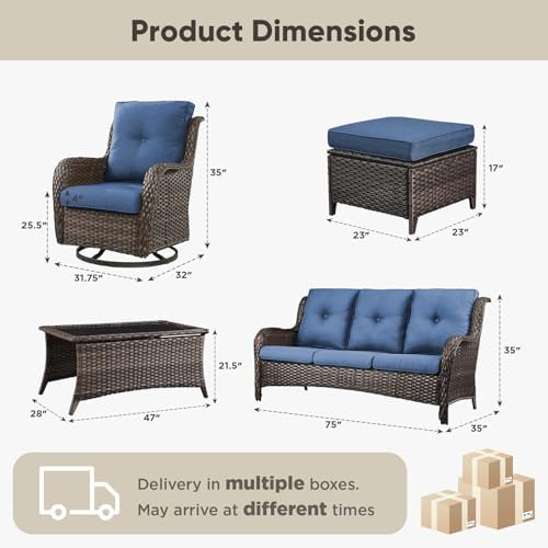 Belord Wicker Outdoor Furniture Patio Furniture Set - 6 Piece Patio Conversation Set with Swivel Rocker Chairs, Rattan Sofa, Ottomans and Coffee Table, Blue Cushion