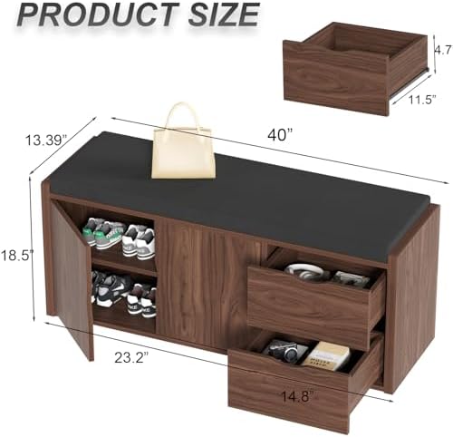 LVB 40” Entryway Bench with Padded Seat Cushion Shoe Bench with 2 Drawers | Wood Hidden Shoe Bench with 2 Drawers Cabinet, Industrial storage Bench for Foyer entrance Living Bedroom, Walnut Oak