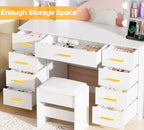 ANWBROAD 9-Drawer Makeup Vanity Desk with Mirror and Lights, White | Vanity Table with Cushioned Stool, 3 Colors Lights, Power Outlet, 6 Open Shelves, 5 Hooks Dressing Table for Girls Women
