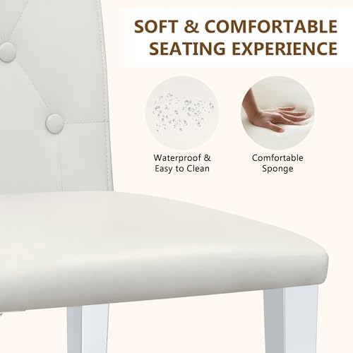 White Dining Chairs Set of 4, Faux Leather, Silver Metal Legs | Button-Tufted Upholstered Parsons Chairs with Padded Seats for Dining Room, Kitchen, Apartment, or Restaurant Use