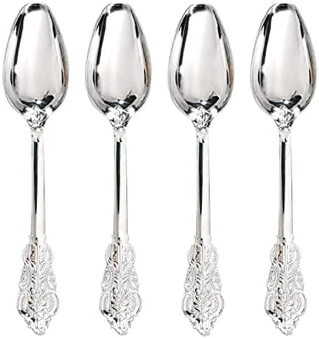 WDF 100 Piece Silver Plastic Spoons Disposable - 6.93 Inch Baroque Silver Silverware for Dessert Cake - Heavy Duty Plastic Spoons for Christmas Party, Wedding or Daily Using