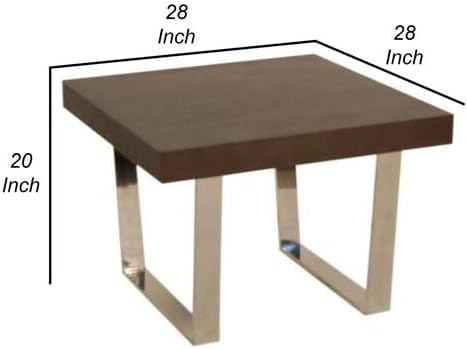 HomeStock Nordic Haven 28 Inch Square Espresso Brown Wood Side End Table with Polished Steel Sled Legs and Modern Contemporary Design