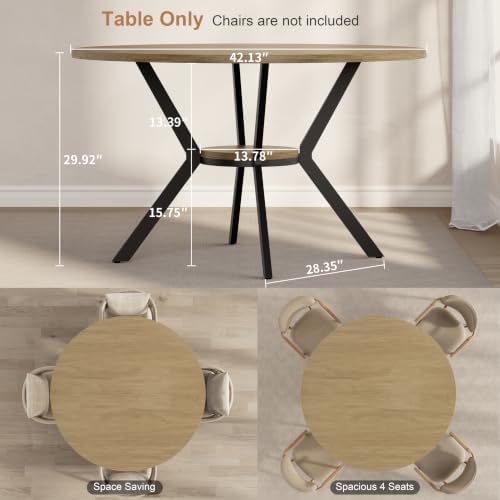 MECHYIN 42'' Round Dining Table for 2–4, Farmhouse Round Kitchen Table with Storage Shelf, Pedestal Dinner Table, Wood Top & Metal Base, Small Space Table for Apartment, Dining Room, Light Oak