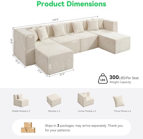 MONVANE U Shaped Sectional Couch Oversized, Chenille, Beige | 6-Seat Sectional Couch for Living Room, Modular Cloud Sofa with Ottoman & 6 Throw Pillows, No Assembly Required