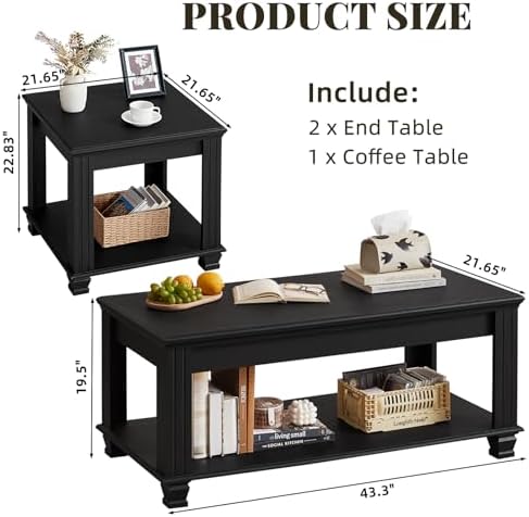 SAVOR LIFE Farmhouse Coffee Table Set of 3, Black | Rustic Wood 3 Piece Coffee and End Table Sets with Open Shelf for Living Room