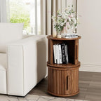 Round Coffee Table Set of 2, Nesting Side Table with Sliding Door Storage | Rotatable Round Coffee Table, Fluted Wood Drum End Table with Storage Compartment, Versatile Side Cabinet for Home Decor
