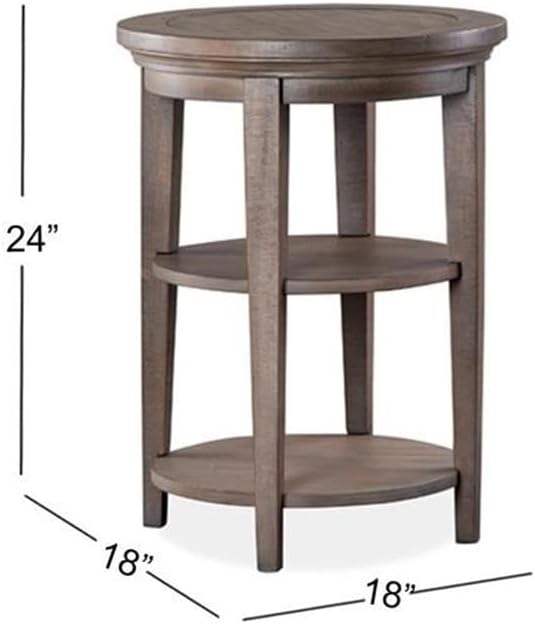 BOWERY HILL Round Wood Accent End Table, Dovetail Gray Finish, Weathered Bronze Details, 2 Fixed Shelves, Durable Pine Construction, Compact Transitional Design for Living Room Storage and Display