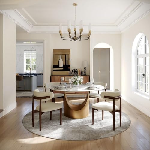 POVISON Round Dining Table Set, 47" Sintered Stone Dining Table with 4 Dining Chairs Set, Glossy White Sintered Stone Tabletop with Bronze Carbon Steel Pedestal
