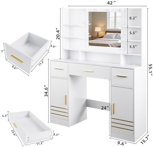 42" W Vanity Desk with Power Outlet Mirror and LED Lights Large Heavy Duty Makeup Vanitys Table with 3 Drawers & 6 Open Shelves & 2 Cabinet Storage for Bedroom Dressing, White