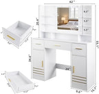 42" W Vanity Desk with Power Outlet Mirror and LED Lights Large Heavy Duty Makeup Vanitys Table with 3 Drawers & 6 Open Shelves & 2 Cabinet Storage for Bedroom Dressing, White