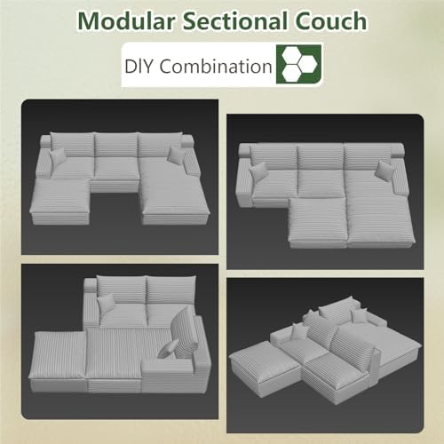 107" Cloud Couch Modular Sectional Sofa for Living Room, U-Shape Couch with Deep Seat, Modern Corduroy 3-Seater with Ottoman, No Assembly Required (Black,Right-Facing Chaise)