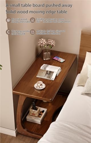 Modern C Shaped Solid Wood End Table with Rolling Wheels | Portable Mini Couch Table for Small Spaces | Square Corner Table for Living Room, 60cm