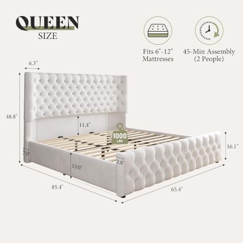 AMERLIFE Upholstered Queen Bed Frame with Wingback Headboard, Cream Velvet