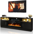 70" Fireplace TV Stand with Power Outlet, Entertainment Center with 36" Fireplace for TVs Up to 80", Modern TV Console for Living Room with High Gloss Storage Cabinet & LED Lights, Black-Black