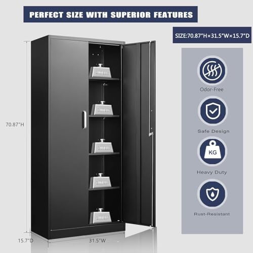 Guizeeopo Metal Storage Cabinet with Adjustable Shelves, Garage Storage Cabinets with Doors and Shelves, File Cabinets for Home Office, Kitchen Pantry Cabinet, 71'H, Black