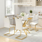 yeag Modern Rectangular Glass Dining Table Set for 4, 47" Clear Tempered Glass Kitchen Table with Gold Metal Legs & 4 White PU Faux Leather Upholstered Dining Chairs for Home, Dining Room, Office