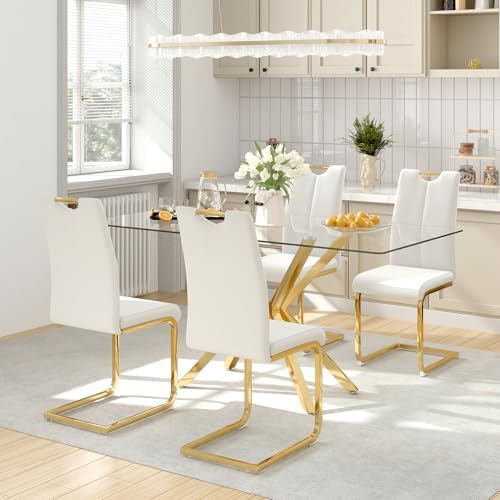 yeag Modern Rectangular Glass Dining Table Set for 4, 47" Clear Tempered Glass Kitchen Table with Gold Metal Legs & 4 White PU Faux Leather Upholstered Dining Chairs for Home, Dining Room, Office