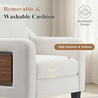 Accent Chairs Set of 2 for Living Room, Mid-Century Upholstered Armchair with Foldable Table & 2 Side Pockets, Modern Linen Wooden Sofa Chair for Bedroom & Reading Room, Beige