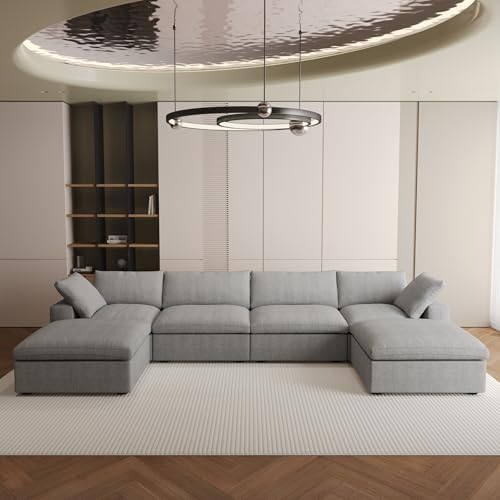 JACH U-Shaped Couches for Living Room, 6-Seats Modular Convertible Sectional Sofa Couch, Couch Cushion Covers Removable, Comfy Sofas with Chaise Ottomans for Apartment Bedroom Office (Grey)