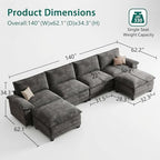 140" Modular Sectional Couch, U Shaped Cloud Sofa for Living Room | Comfortable Foam Cushions, Sturdy Frame, Appealing Appearance, Easy Assembly, Soft Chenille, Modular Design, Dark Gray