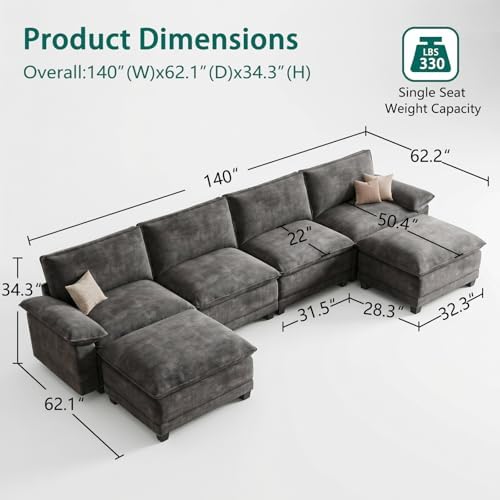 140" Modular Sectional Couch, U Shaped Cloud Sofa for Living Room | Comfortable Foam Cushions, Sturdy Frame, Appealing Appearance, Easy Assembly, Soft Chenille, Modular Design, Dark Gray