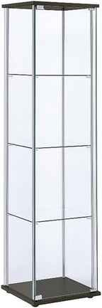 BOWERY HILL 4 Shelf Glass Display Case Cabinet with Chrome Support Beams and Cappuccino Brown Top/Base