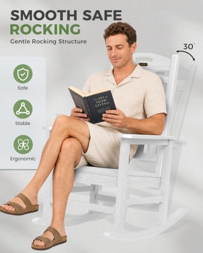 Outdoor Rocking Chair, HDPE Patio Rocking Chair, All Weather,White | Relax in Every Gentle Rock,Create Comfort Wherever You Love,Enjoy Your Me Time,Withstand Changing Seasons,Timeless Style