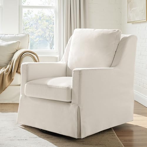 HULALA HOME Farmhouse Swivel Rocker Chair with Washable Slipcover, Ivory