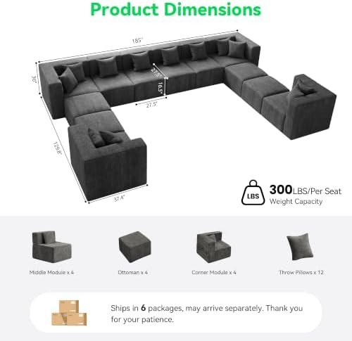 MONVANE Oversized Sectional Couch 12-Seat, Chenille, Gray | Sectional Couch for Living Room, Modular Cloud Sofa with Ottoman & 12 Throw Pillows, No Assembly Required