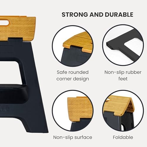 Vigar Compact Folding Step Stool, 16 in 2 Step, Black Bamboo Print | 16 in Foldable Stool, Lightweight Portable Design, Handle, Non Slip Surface, Space-Saving, Supports up to 330 lb
