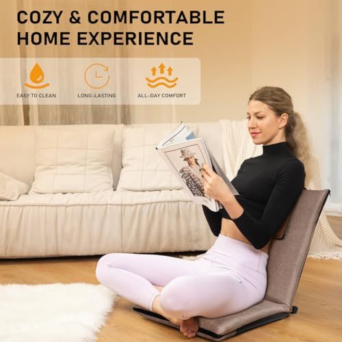 Adjustable Floor Chair with Back Support Foldable Meditation Seat, Coffee | 14-Position Adjust, 330lbs Weight Capacity, Washable Cover, Sturdy Bearings, Ground Seat for Adults, Portable for Meditation