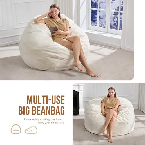 Hobestluk Adult Bean Bag Chair 4FT Large Lounger with Plush Cover, White | Memory Foam Filled, Removable and Washable Cover, Portable Handle, Relaxing, Reading, Large, Skin-Friendly Plush Faux Fur