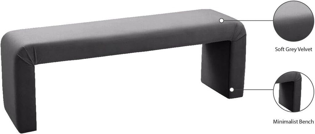 Meridian Furniture Minimalist Collection Modern | Contemporary Velvet Upholstered Bench, 53" W x 14.75" D x 18.25" H, Grey