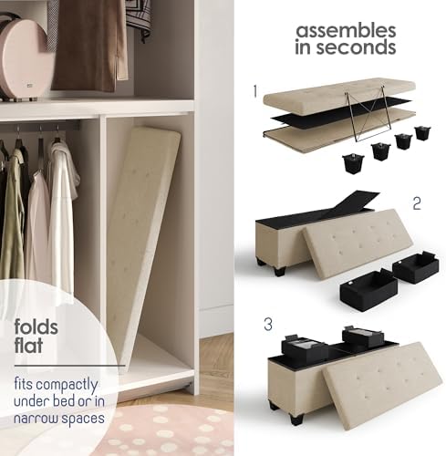Storage Ottoman Bench with Bins, 43-in Storage Bench for Bedroom End of Bed, Folding Foot Rest Ottoman for Living Room Max 660lbs, Fabric Ottomans, Beige