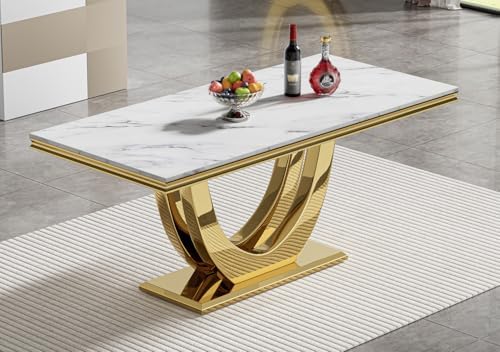 Modern Marble Dining Table Set for 6, White Dining Set with 68" Faux Marble Dining Table and 6 Gray Upholstered Velvet Dining Chairs, 7 Piece Dining Table and Chairs Set for Kitchen
