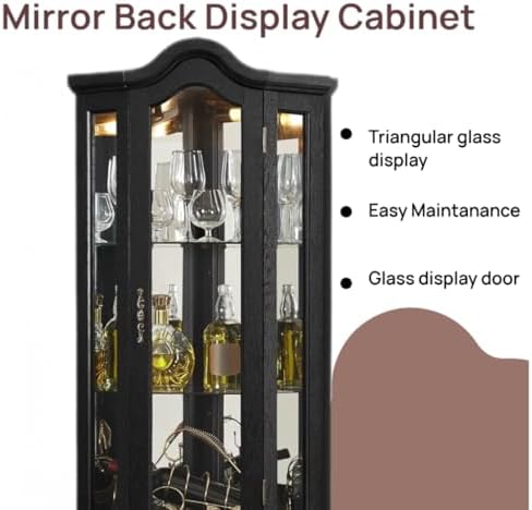 70" Lighted Corner Curio Cabinet,Inside Mirror Corner Glass Display Case with Tempered Glass Door for Living Room, Antique Collectibles, Wine & Bar Glass Storage, Lights Included
