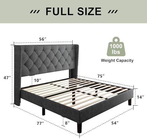 Feonase Full Size Bed Frame with Upholstered Wingback Headboard, Platform Bed and Heavy Duty Wooden Slats Support, Easy Assembly, Noise-Free, No Box Spring Needed, Dark Gray