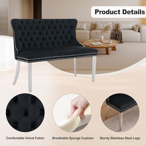 yeag Modern Rectangular Glass Dining Table Set, 47" Clear Tempered Glass Kitchen Table with Silver Metal Legs & 2 Black Velvet High-end Tufted Chairs with 1 Bench for Home, Dining Room, Apartment