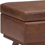 SIMPLIHOME Owen 42" Wide Vegan Leather Lift Top Ottoman in Saddle Brown | Distressed saddle brown, mid-century modern lift-top ottoman with storage for living room; rectangle footstool or pouf.