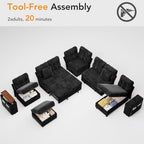 Vipbear 130" Modular Sectional Sleeper Sofa with Pull Out Bed, 9 Seat L Shaped Couch with Ottoman & Chaise/Reclining Backrest/Lift-Top Storage Arms/USB/LED Light/Tool-Free Assembly, Chenille Black