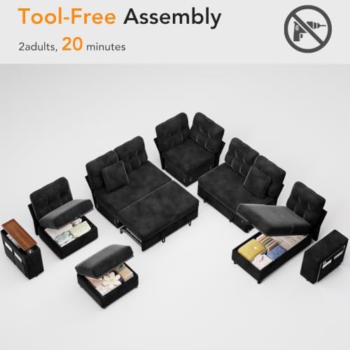 Vipbear 130" Modular Sectional Sleeper Sofa with Pull Out Bed, 9 Seat L Shaped Couch with Ottoman & Chaise/Reclining Backrest/Lift-Top Storage Arms/USB/LED Light/Tool-Free Assembly, Chenille Black