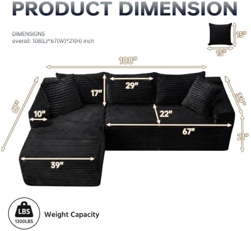 108" Modular Sectional Cloud Couch for Living Room Deep Seat L Shapes Couch with Oversized Chaise Lounge, Comfy Memory Foam Flannel Fabric Sofa for Bedroom Apartment, No Assembly Required