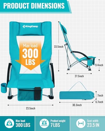 KingCamp Low Beach Chairs 2 Pack, Folding Portable Chair for Adults lightweight Extra Wide Ergonomic High Back Seat 300lbs Heavy Duty Oversized Gear with Carry Bag for Outdoor Lawn Camping Picnic