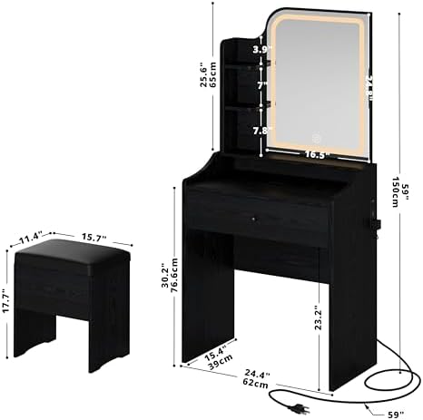 LIKIMIO Small Vanity Desk with Mirror Lights and Storage Stool | Black compact vanity with 3 light modes, charging station, storage drawer, 3 shelves and upholstered stool