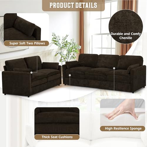 Comfy Chenille Sofa Set with Well-Filled Pillows, Brown | Modern 3 Seater & Loveseat Sofa w/Upholstered Cushions, 2 Pieces Sectional Couch w/Soft & Thickened Seats for Living Room