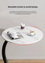 C-Shaped End Table Side Table Wood Sofa Table with Metal Frame for Living Room, Bedroom, Small Spaces (Snow Mountain White + Black Rack)