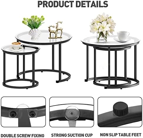 aboxoo Black Nesting Coffee Glass Table Set of 2, Metal Freme Side End Tables for Living Room Bedroom for Apartment Small Place Modern Industrial Simple, 23.6D x 23.6W x 17.7H in