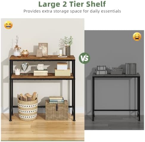 Simple Trending Console Table, 2-Tier Narrow Sofa Table, Rustic Brown | Entryway Table with Storage Shelf, Metal Frame, Adjustable Feet Pads, for Entryway, Living Room, 8 x 31.75 x 31.25Inches