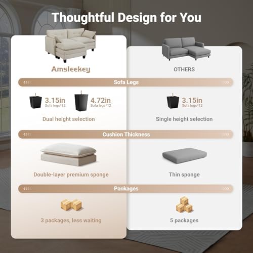 Amsleekey 76.5" L-Shaped Modular Sectional Sofa, Beige Corduroy | Cloud Couch for Living Room, 2 Seater Deep Seat Convertible Sleeper Sofa with 1 Movable Ottomans and 2 Leg Height Options