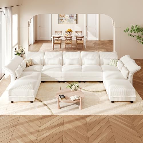 LLappuil 9 Seat Sectional Couch with Storage, Large U Shaped Corduroy Modular Sectional Sofa for Living Room with Adjustable Arms Backs, Plush Supportive Cushions (Beige)